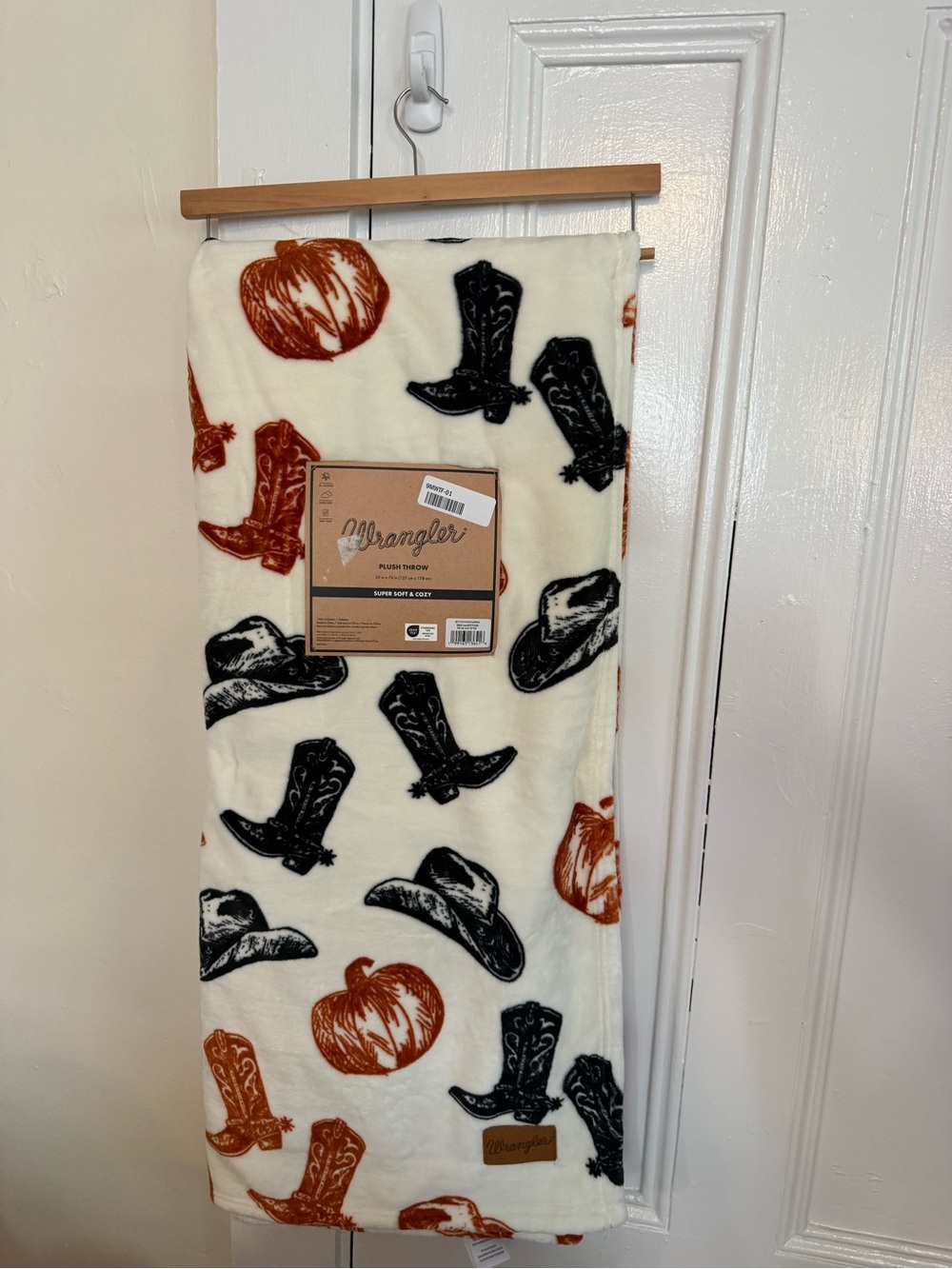 Wrangler Cream Throw Blanket with Black and Orange Western Icons